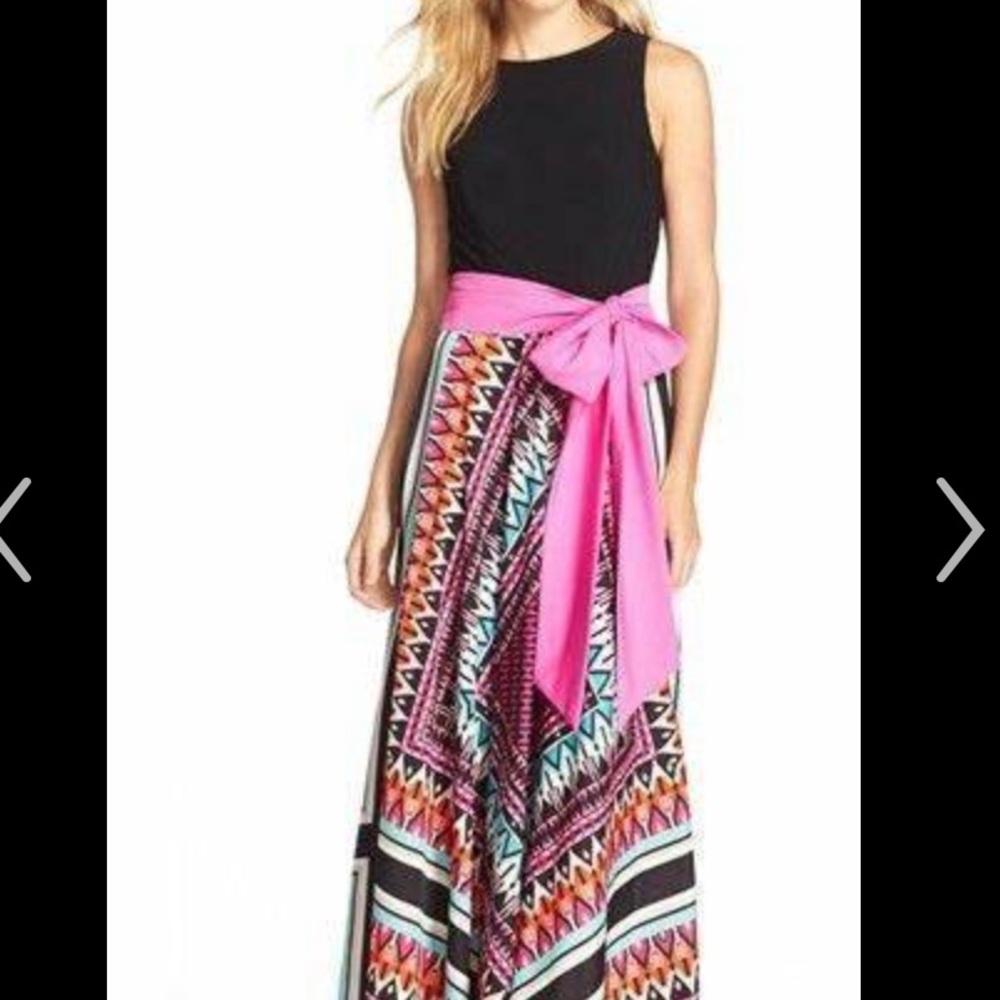 Eliza J Black Top Maxi Dress with Pink Sash